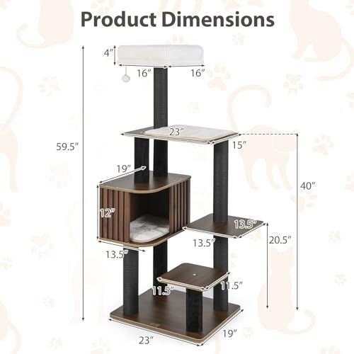 PETSITE 59.5 Inches Modern Cat Tree, Multi-Level Cat Tower with Scratching Posts, Large Condo with Removable Pad, Cushioned Soft Top Perch, and Interactive Dangling Ball (Brown) - color: Brown