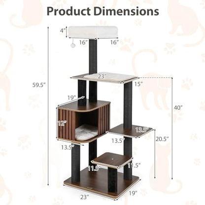 PETSITE 59.5 Inches Modern Cat Tree, Multi-Level Cat Tower with Scratching Posts, Large Condo with Removable Pad, Cushioned Soft Top Perch, and Interactive Dangling Ball (Brown) - color: Brown