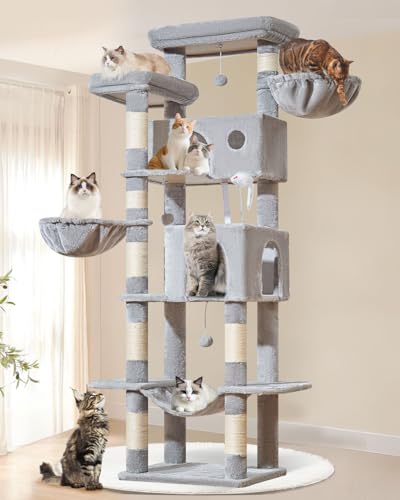 Taoqimiao Cat Tree Tower, 76-Inch Sturdy Cat Tree for Indoor Cats Large Adult Cat Tower with Scratching Posts，2 Condos, 2 Perches, 2 Large Hanging Baskets, Soft Hammock, MS046W Light Gray - color: Light Gray