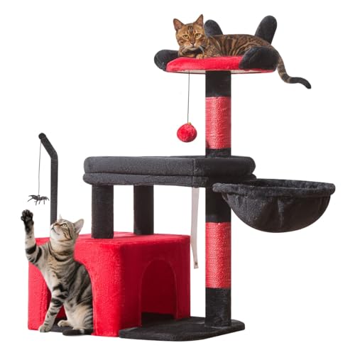 Taoqimiao MS043BR Cat Tree, 32.2-Inch Cat Tower for Indoors Cats, Cat Condo with Large Cat Perch, Spacious Cat Cave, Scratching Posts for Small and Medium Cats, Black and Red - color: Gothic