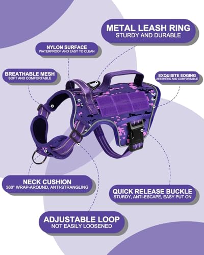 Tactical Dog Harness Medium Sized, Heavy Duty No Pull Dog Harness with Handle, Easy On and Off Service Dog Vest with Molle System, Reflective Pet Vest for Walking Hiking Training - color: Purple Camo, size: M(Neck:17-23",Chest:22-32"),35-50 lbs