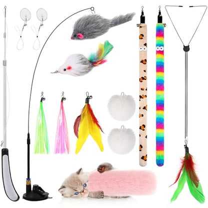 4-in-1 Interactive Cat Feather Toys with Durable Retractable Fishing Pole, Enhanced Suction Cup Toy, Door Hanging Teaser Toy and 11 Attachments Replacements for Bored Indoor Adult Cats - style: 16 Wand /Suction Cup