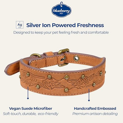 Blueberry Pet Premium Embossed Silver-Powered Freshness Microfiber Suede Leather Dog Collar in Saddle Brown - color: Saddle Brown, size: Small