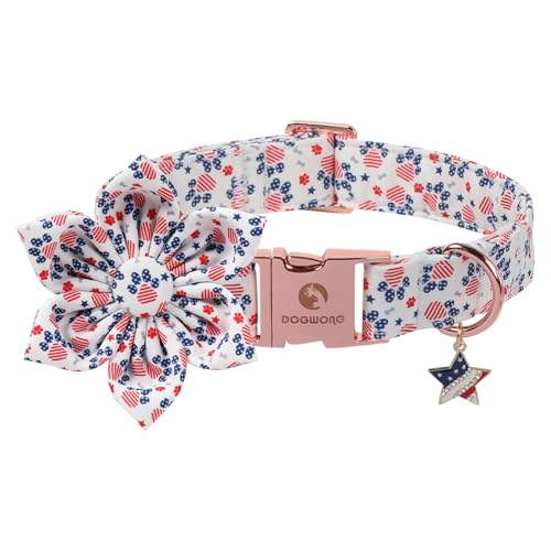 4th of July American Flag Dog Collar, DOGWONG Red Blue Flower Dog Collar with Metal Adjustable Buckle,Soft and Comfortable Independence Day Dog Collars for Small Dogs,S - color: B:Flag Paw, size: S