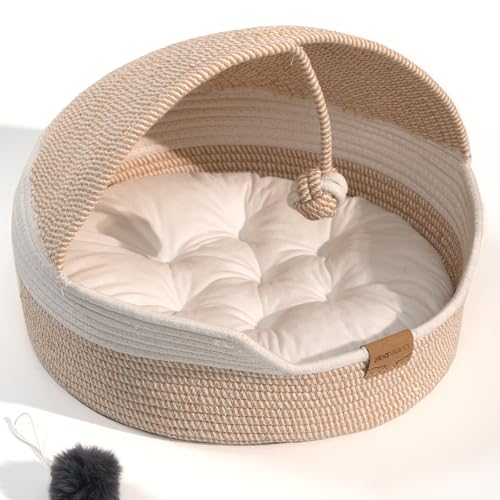 Cat Basket Bed with Washable Cushion and Ball Rope Cotton, Covered Pet Bed for Indoor Cats Cave Bed Hooded, Stimulicat Cat Bed Handwoven Breathable, All Season Universal(White) - color: White