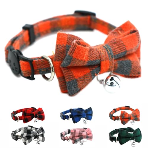 Orange Plaid Bow Cat Collar with Bell, Breakaway Kitten Bell Collar with Bowtie Christmas Dog Collars Boy for XXS Xs Small Tiny Little Pet Dogs Girl Kitten, for Hoilday Birthday Party - color: Orange Plaid