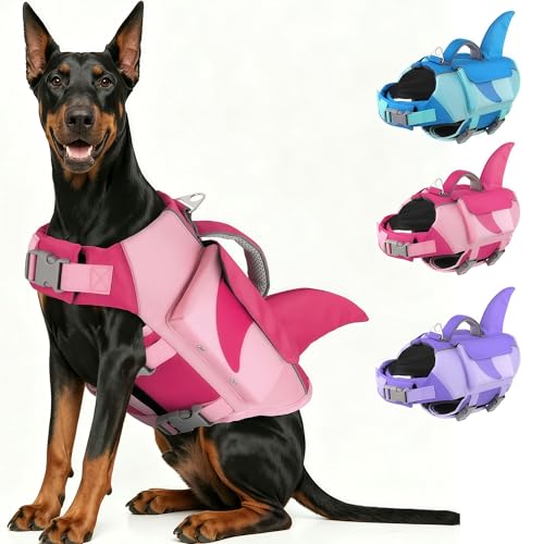 Dog Life Jacket Shark– High Flotation Dog Life Vest with Reflective Stripes, Pet Swimming Vest with Rescue Handle for Small Medium and Large Dogs, Suitable for Swimming & Boating – Pink, M - color: Pink, size: Medium