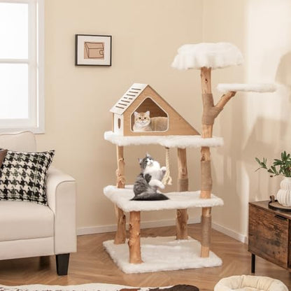Tangkula Solid Wood Cat Tree, Modern Wooden Cat Tower with Jute Scratching Posts, 2 Perches, Condo, Sisal Rope, Soft Long Plush, 60 Inch Tall Cat Tree Tower for Indoor Cats Large Adult - style: Triangle Condo