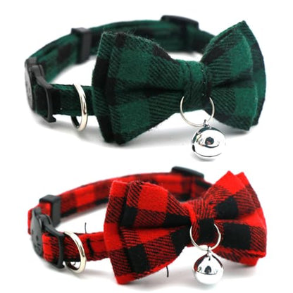 2-Pack Plaid Cat Collar with Bell and Bow, Breakaway Kitten Collar with Bell, Bowtie Puppy Collars for XXS Xs Small Little Pet Tiny Dogs, Red+Green - color: Red+Green