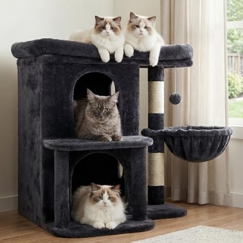 Heybly Cat Tree, 25.6-inch Cat Tower with Spacious Top Perch for Large Cats, Stair-Style Cat House Furniture with Dual-Layer Condos, Sisal Scratching Posts, Cozy Basket & Pompom, Smoky Gray HCT204SG - color: Smoky Gray, size: 25.6 inch