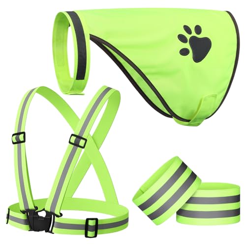 Shinylin 4 Pcs Reflective Running Gear for Dog Walking Reflective Vest Adjustable High Visibility, Sports Wristbands, Dog Safety Vest for Pets Outdoor Walking Cycling Camping(Fluorescent Green)