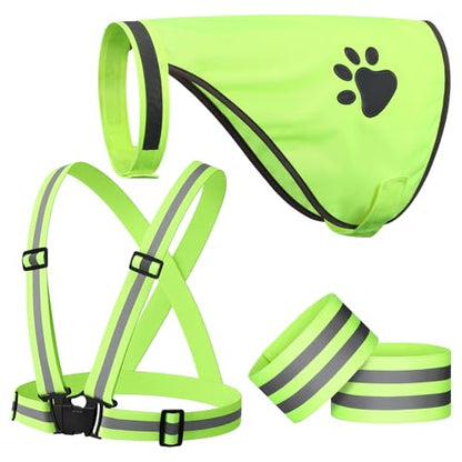 Shinylin 4 Pcs Reflective Running Gear for Dog Walking Reflective Vest Adjustable High Visibility, Sports Wristbands, Dog Safety Vest for Pets Outdoor Walking Cycling Camping(Fluorescent Green)