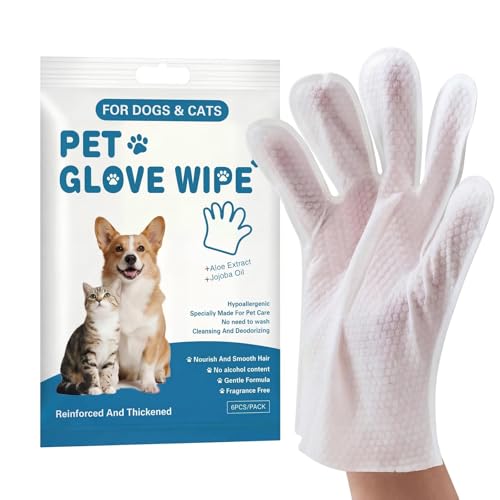 Pet Glove Wipes, No Rinse Deodorizing Mittens for Sphynx, Devon Rex, Cats & Dogs, Thickened Hypoallergenic with Aloe Vera, Unscented Full Body Grooming, Daily Care & Travel, 12 Count