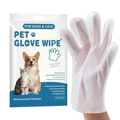 Pet Glove Wipes, No Rinse Deodorizing Mittens for Sphynx, Devon Rex, Cats & Dogs, Thickened Hypoallergenic with Aloe Vera, Unscented Full Body Grooming, Daily Care & Travel, 12 Count