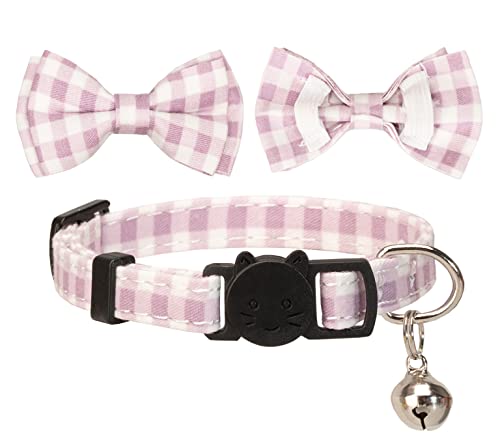 Cat Collar with Bow Tie 2pcs Set Bell Boy Girl Kitten Safety Plaid Grid Checkered Solid Color Suede Velvet Cute Soft Gift [2pcs] Purple - color: Style A-[2pcs] Purple