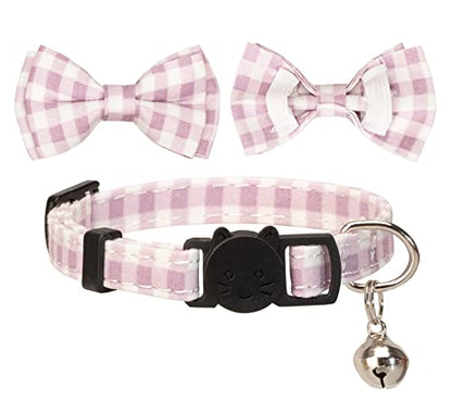 Cat Collar with Bow Tie 2pcs Set Bell Boy Girl Kitten Safety Plaid Grid Checkered Solid Color Suede Velvet Cute Soft Gift [2pcs] Purple - color: Style A-[2pcs] Purple