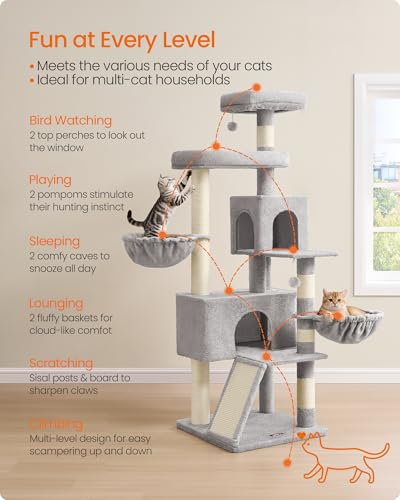 Feandrea Cat Tree, 68.5-Inch Tall Cat Tower, Multi-Level Plush Condo with Large Perch, Scratching Posts, Double Caves, Dove Gray UPCT006G01 - color: Dove Gray