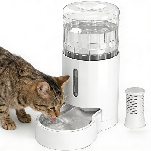 JUNSPOW Cat Water Dispenser with Filter and Stainless Steel Bowl, Automatic Gravity Water Dispenser for Cats or Small Medium Size Dogs, Large Capacity, Easy to Clean and Safe for Pets (4L White) - color: White, size: 4l+filter