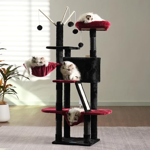 Hey-brother Gothic Cat Tree, 53 inch Cat Tower for Indoor Cats, Cat House with Padded Platform Bed, Toy Balls, Large Cozy Condo, Hammocks and Sisal Scratching Posts, Black and Red MPJ019SBR - color: Black and Red