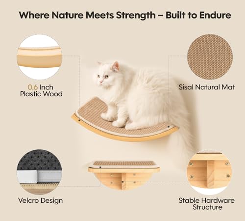 Wood Cat Wall Shelves with Sisal Cats Window Perch, Wall Mounted 4-Piece Cat Climbing Set with Curved Bed, Flat Perch and Sisal-Covered Steps - color: Sisal-Wood, size: 1 Curved Bed 1 Shelf 2 Steps