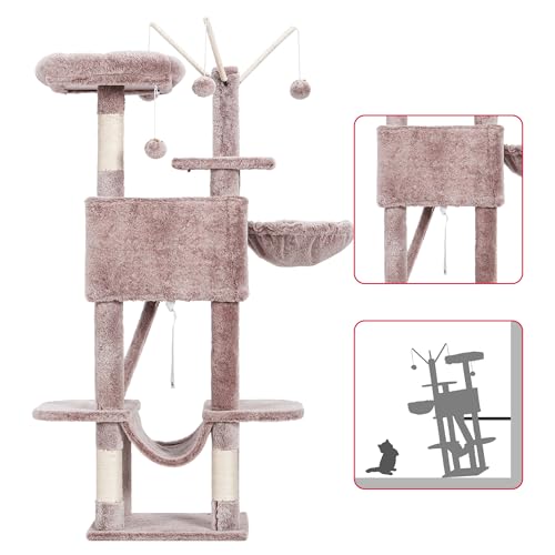Hey-brother Cat Tree, 53 inch Cat Tower for Indoor Cats, Cat House with Padded Platform Bed, Toy Balls, Large Cozy Condo, Hammocks and Sisal Scratching Posts, Muchroom MPJ019-SMU - color: Muchroom