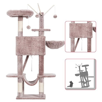 Hey-brother Cat Tree, 53 inch Cat Tower for Indoor Cats, Cat House with Padded Platform Bed, Toy Balls, Large Cozy Condo, Hammocks and Sisal Scratching Posts, Muchroom MPJ019-SMU - color: Muchroom