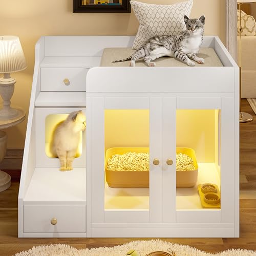 Merax Cat Litter Box Enclosure Furniture with Light,Hideaway Litter Box Furniture with 2 Storage Drawers for Living Room,White - color: White