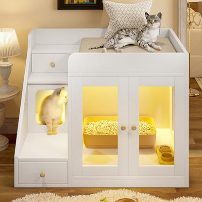 Merax Cat Litter Box Enclosure Furniture with Light,Hideaway Litter Box Furniture with 2 Storage Drawers for Living Room,White - color: White
