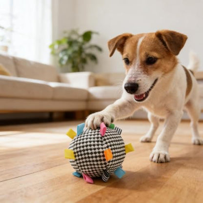 Plush Dog Ball Toy with Bell & Colorful Straps, 6.3 Inch Soft Interactive Fetch Toy, Lightweight Chew Toy for Small & Medium Dogs, Puppy Stuffed Play Ball (Black) - color: Black