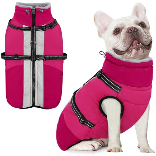 AOFITEE Dog Coat for Small Dogs, Warm Dog Winter Jacket with Harness Built in, Waterproof Small Winter Coat Dogs Reflective Cold Weather Coats for Chihuahua, Yorkshire, Hot Pink XS - color: RoseRed, size: X-Small
