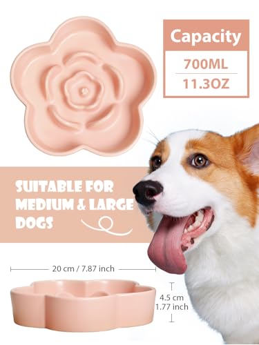 Ceramic Slow Feeder Dog Bowl, Anti-Choking Slow Food Bowls, 8" 11.3oz Slow Feeder for Medium, Large Breeds, Plum Puzzle Design, Non-Slip Silicone, Dishwasher and Microwave Safe, Pink - color: Pink