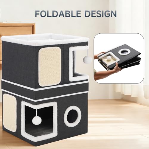 2-Storey Cat House for Indoor Cats, Separate Into 2 Large Cat Bed Cave with Hideaway Condos, Scratch Pads, Hanging Balls, Foldable Indoor Cat House, Cat Cube for Multiple Cats Kitten, Black - style: Black