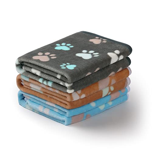 Luciphia 1 Pack 3 Blankets Fluffy Premium Fleece Pet Blanket Flannel Paw Printed Throw for Dog Cat(Small 23x16'', Grey/Brown/Blue) - color: Paw2, size: 23x16 inch (Pack of 3)