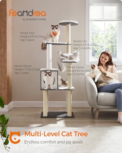 Feandrea Cat Tree, 65-Inch Modern Cat Tower for Indoor Cats, Multi-Level Cat Condo with 5 Scratching Posts, Perch, Washable Removable Cushions, Cat Furniture, Misty Gray UPCT166G03 - color: Misty Gray