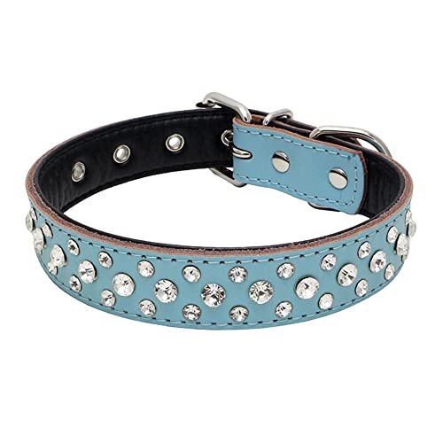 Rhinestones Dog Collar, Adjustable Sparkly Crystal Studded Genuine Leather Pet Dog Collar for Small and Medium Dogs (S, Blue) - color: Blue, size: Small