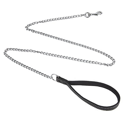 Chew Proof Metal Chain Leash,Nylon Handle with Soft Neoprene Padding and Reflective Stripe for Small Dogs.(S, Black Handle) - color: Reflective Black, size: Small