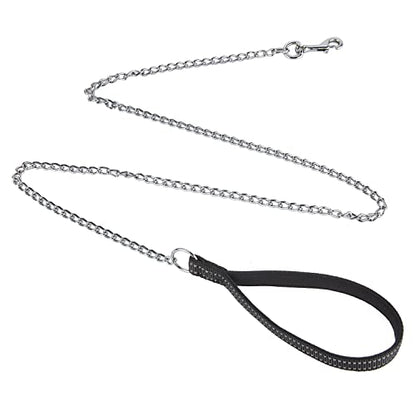 Chew Proof Metal Chain Leash,Nylon Handle with Soft Neoprene Padding and Reflective Stripe for Small Dogs.(S, Black Handle) - color: Reflective Black, size: Small