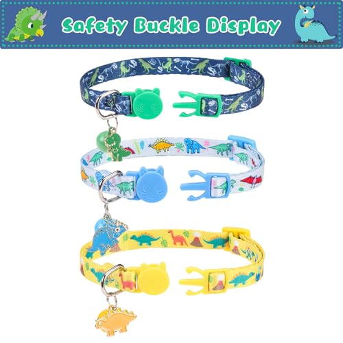 Breakaway Cat Collars with Bell & Cute Pendants, 3 Pack Safety Buckle Kitten Collars, Adjustable Pet Collar Ideal for Girl Boy Cats Puppy (Style A - Dinosaur) - color: Style A - Dinosaur