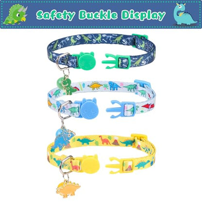 Breakaway Cat Collars with Bell & Cute Pendants, 3 Pack Safety Buckle Kitten Collars, Adjustable Pet Collar Ideal for Girl Boy Cats Puppy (Style A - Dinosaur) - color: Style A - Dinosaur