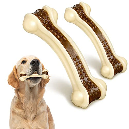 Sosation Bones Shaped Dog Toys for Aggressive Chewers, 2 Pack Christmas Dog Chew Toys Puppy Teething Nylon Beef Flavor for Large/Medium/Small Puppies Breeds(Curved Bone,Large, Medium) - size: Large, Medium, style: Curved Bone