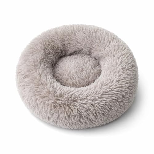 SALAN Calming Donut Dog Bed for Small Dogs and Cats, 16 Inch Round Plush Faux Fur Pet Bed, Washable Fluffy Self Warming Anti Anxiety Cuddler Bed for Puppy, Kitten, Indoor Cats (Brown) - color: Brown