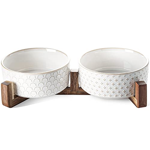 LE TAUCI Dog Bowls Ceramic for Small Medium Dogs - 3-Cup Dual Food & Water Bowl Set with Acacia Wood Stand, Non-Slip Anti-Tip Elevated Design - color: Fireworks+Clover, size: M-3 Cup