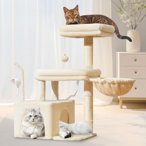 Taoqimiao MS043M Cat Tree, 32.2-Inch Cat Tower for Indoors Cats, Cat Condo with Large Cat Perch, Spacious Cat Cave, Scratching Posts for Small and Medium Cats, Beige - color: Beige