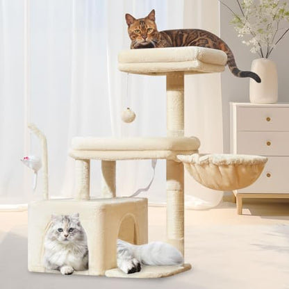Taoqimiao MS043M Cat Tree, 32.2-Inch Cat Tower for Indoors Cats, Cat Condo with Large Cat Perch, Spacious Cat Cave, Scratching Posts for Small and Medium Cats, Beige - color: Beige