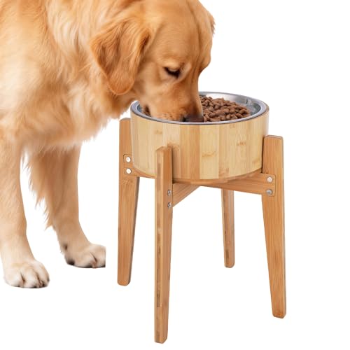 Elevated Dog Bowls for Large Dogs Feeder Two Bowls with a Stainless Steel and Bamboo Dishes，Raised Dog Bowl Stand with Non-Slip Feet，Ideal for Medium and Large Breeds， (13.5-inch High)