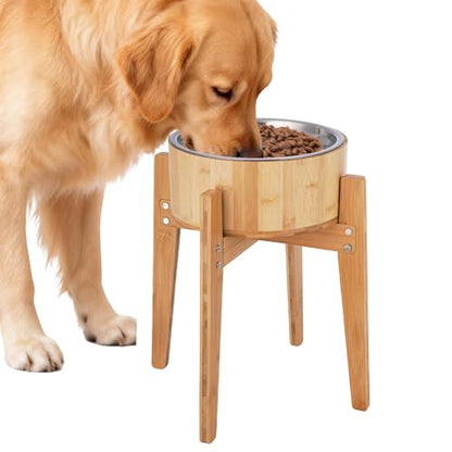 Elevated Dog Bowls for Large Dogs Feeder Two Bowls with a Stainless Steel and Bamboo Dishes，Raised Dog Bowl Stand with Non-Slip Feet，Ideal for Medium and Large Breeds， (13.5-inch High)