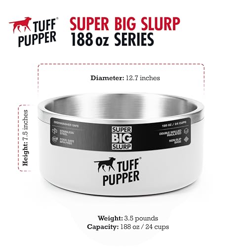 Tuff Pupper Heavy Duty Insulated Dog Bowl | Double Wall Stainless Steel Dog Food Dish | Non-Slip Spill Proof Dishwasher Safe Cat Bowl | Water Dish for Feeding Large Medium Small Pets (188oz, White) - color: Snow White, size: 188oz