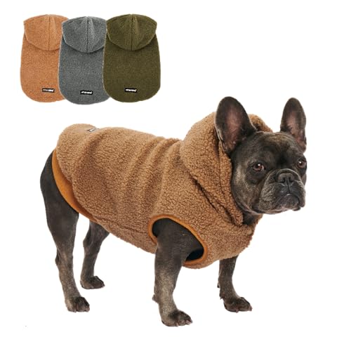 Tuff Pupper Fleece Dog Hoodie Sweater | Teddy Sherpa Outer & Soft Polar Fleece Lining | Adjustable Fit Winter Coat with Hood, Leash Hole, Ribbed Cuffs | for Small Medium Large XL XXL Dogs (Brown, S) - color: Brown, size: 15-25 lbs (Small)
