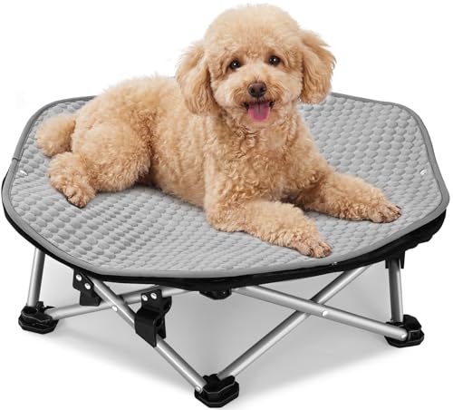 Pecute Elevated Dog Bed with Cooling Blanket, Chew Proof Outdoor Pet Cot for Small Dogs, Tool-Free Assembly & 360° Breathable Mesh for Summer Camping, Orthopedic Joint Support, M, 26×23.6×5.9" - size: M(26 × 23.6 × 5.9'')