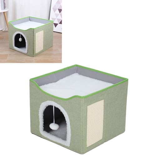 Foldable Cat House, 2 Layer Collapsible Kitten House Multifunctional Cat Cave Bed Soft Cat Scratcher House, Cat Bed Cave Cat Cubes Cat Hideaway for Indoor Cats(Light Green) - color: Light Green